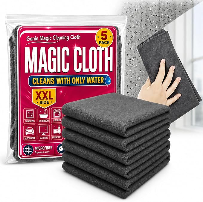 Genie Magic Cleaning Cloth 5 Pack, XXL Microfiber Magic Cloth for Stainless Steel, Glass, Mirrors, Windows, Kitchen, Bathroom, Car & Screens, Reusable Lint Free Streak Free Cleaning Towels (15 PCS)