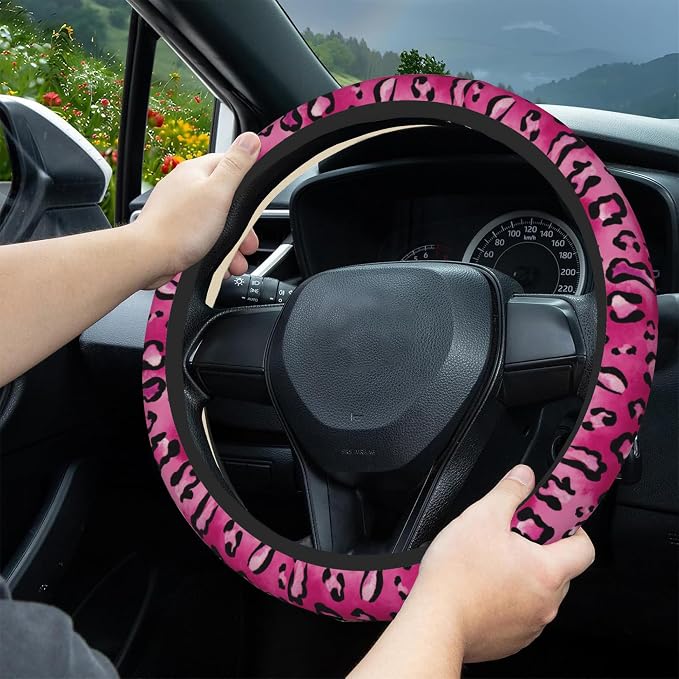 Watercolor Pink Leopard Car Steering Wheel Cover, Non-Slip Absorbing Sweat Car Wheel Cover Accessories for Men Women,Universal 15" Fit Auto SUV Vans Trucks