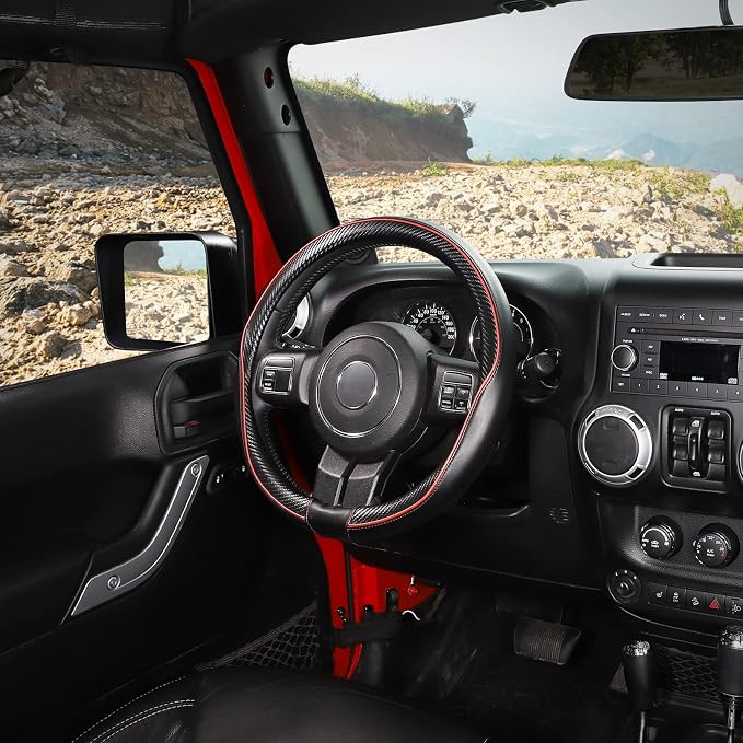 Car Steering Wheel Cover Large-Size for F150 F250 F350 Ram 4Runner Tacoma Tundra Range Rover with 15 1/2"-16" Outer Diameter Leather with Carbon Fiber Pattern Black and Red