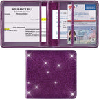Car Registration and Insurance Holder, Vehicle Glove Box Car Organizer Men Women Wallet Accessories Case for Cards, Essential Document, Driver License, Bling Purple