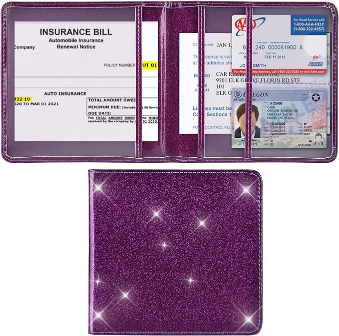 Car Registration and Insurance Holder, Vehicle Glove Box Car Organizer Men Women Wallet Accessories Case for Cards, Essential Document, Driver License, Bling Purple