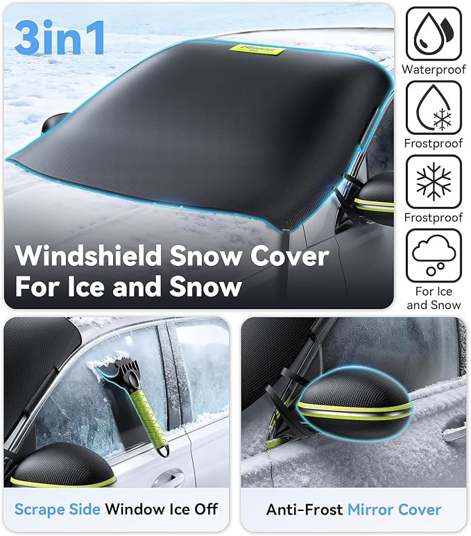 3-in-1 Windshield Snow Cover for Ice & Snow Frost — 600D Heavy Cover & Ice Scraper Complete Winter Protection with 360° Windproof Design and Multi-Layer Winter Car Kit for Cars, Trucks, SUVs