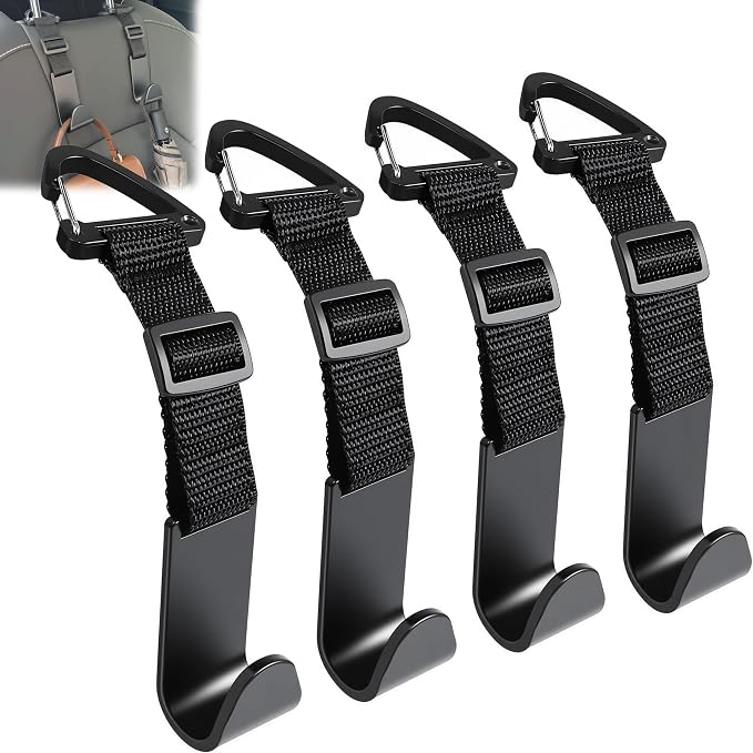 Headrest Hooks for Car Adjustable 4 Pack Vehicle Seat Back Organizer Storage Hanger Holder for Purse Bags Universal Fit with Clip Black