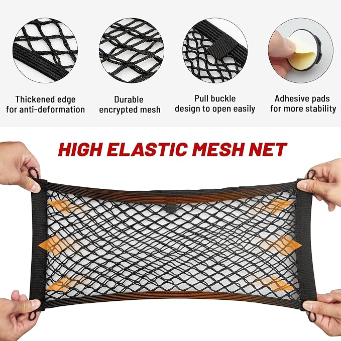 Universal Cargo Net Pocket Elastic Netting Car Mesh Pouch for Trunk RV Boats Home Cargo Storage with Screws and Hooks (21.7'' x 9.8'')