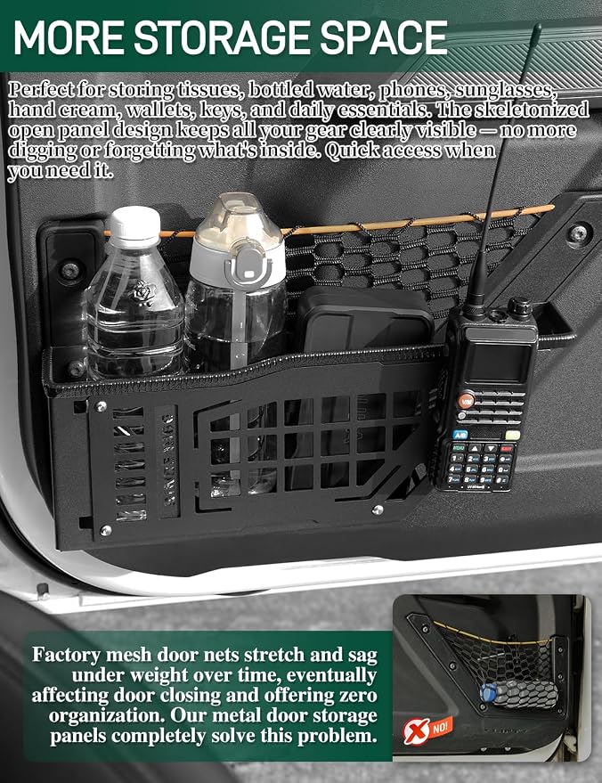 20% Larger Capacity Stamped Steel Bronco Door Storage Pockets with Hidden Internal Screws for Ford Bronco 2021-2026 4-Door, Skeletonized Metal Front & Rear Door Cup Holder Organizer Box（4PCS）