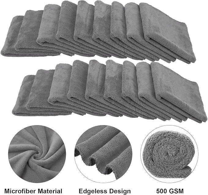 30 Pcs 16 x 16 Inch Microfiber Towels for Cars, 500 GSM Edgeless Plush Car Detailing Towels, Lint Free Scratch Free Cleaning Cloths for Drying, Washing, Polishing, Waxing, Auto & Home (Gray)