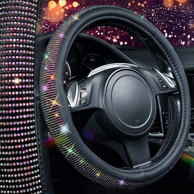 Bling Diamond Leather Steering Wheel Cover, with Bling Sparkly Crystal Glitter Rhinestones Universal Fit 13"1/2-14" Car Wheel Protector for Women Girl Fit Suvs,Vans,Sedans,Trucks, Multicolor