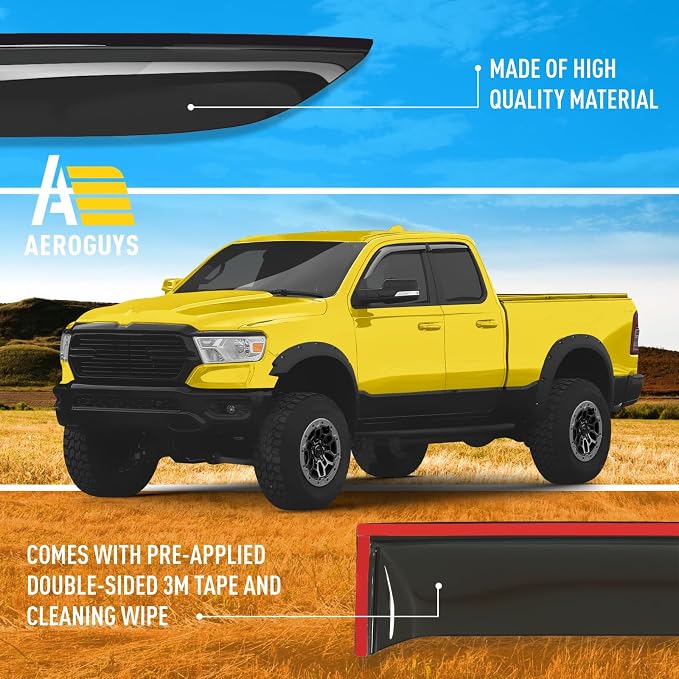 Extra Durable Window Deflectors Tape-On Window Visors Rain Guards Fit for Dodge Ram 1500 2019-2026 Quad Cab, Sun Visors, Wind Vent for Shades, Exterior Car Accessories - 4pcs. AG0035