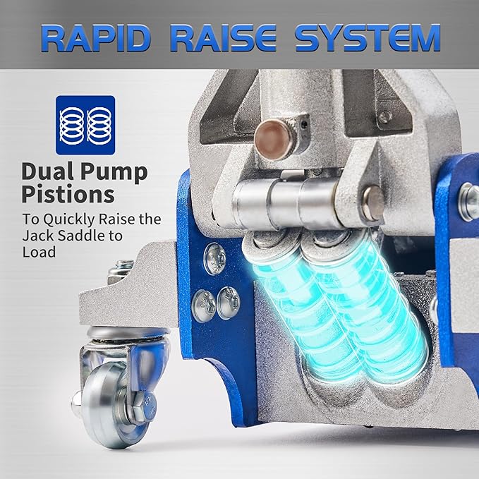 Floor Jack, Low Profile 2 Ton Aluminum and Steel Car Jack, Blue | Dual Pump System, Rapid Lift, 3.35"-13.98", 360-degree swivel casters