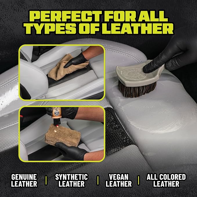 Leather Care Kit, Cleaner and Conditioner for Car Seats | Complete 6-piece leather cleaning and conditioning kit for car seats, furniture, shoes and bags; genuine or vegan leather