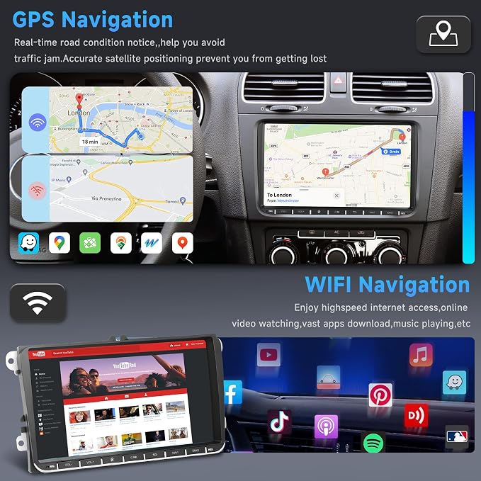 8 Core 6G 128G Android Car Stereo for VW Passat Jetta Tiguan Golf MK5 MK6 T5 EOS Polo with Wireless Carplay Android Auto, 9'' Touchscreen GPS Bluetooth 5G-WiFi FM/RDS DSP Backup Camera SWC