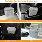 Bling Car Trash Can with 30pcs Garbage Bags, Vehicle Trash Bin with Lid Auto Dustbin Organizer Garbage Storage, Sparkling Crystal Mini Trash Container Holder