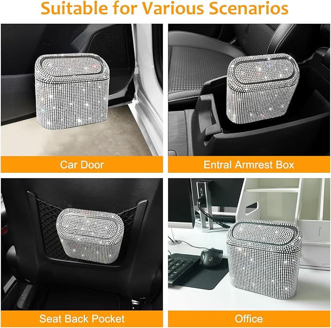 Bling Car Trash Can with 30pcs Garbage Bags, Vehicle Trash Bin with Lid Auto Dustbin Organizer Garbage Storage, Sparkling Crystal Mini Trash Container Holder