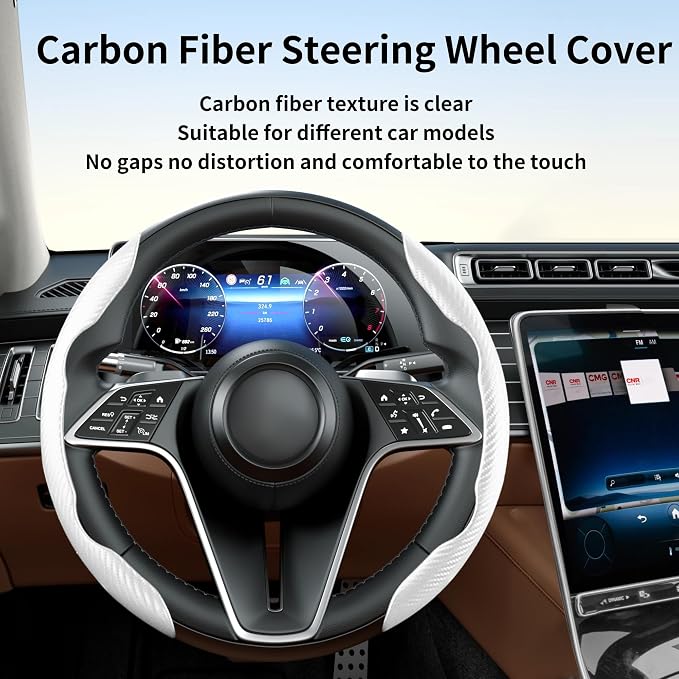 2Pc Carbon Fiber Steering Wheel Cover Universal Fit 99% Cars | Non-slip soft grip, easy to wipe clean, quick to install, perfect for daily commutes and road trips, White