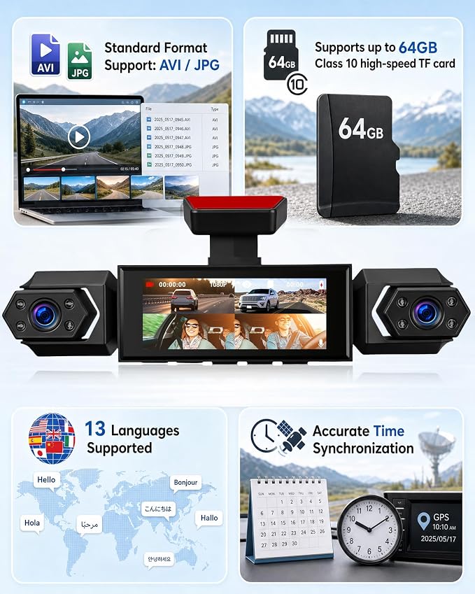 4 Channel 360° Dash Cam, 1080P FHD Front and Rear Camera for Cars, 8 Non-Glare Night Vision Lights, Loop Recording, Reverse Assistance, 3.16" IPS Screen, Interior Monitoring