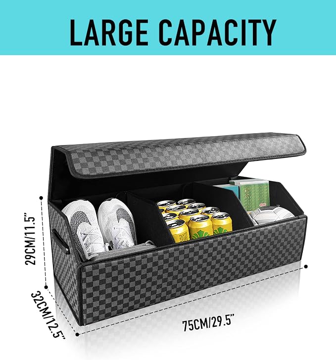 Car Trunk Organizer for SUV and Sedan, Blue-Gray, 29.5 inches | Unique Blue‑Gray Plaid, Extra Large, Leather Storage Box, Magnetic Lid, Collapsible & Adjustable, Water‑Resist & Dust‑Proof