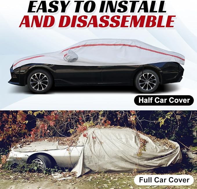 Half Car Cover for Snow, Car Roof Cover for All Weather Protection with Red Strip Design, Fit Small/Compact Sedan Such As Audi A4, Toyota Corolla