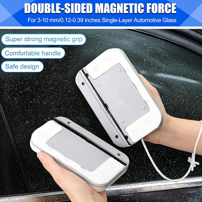 Magnetic Window Cleaner, Windshield Magnetic Car Window Cleaner Tool with Anti-Falling Rope, Track Cleaner and Dustpan Cleaning Brush, for Glass Thickness 3-10mm