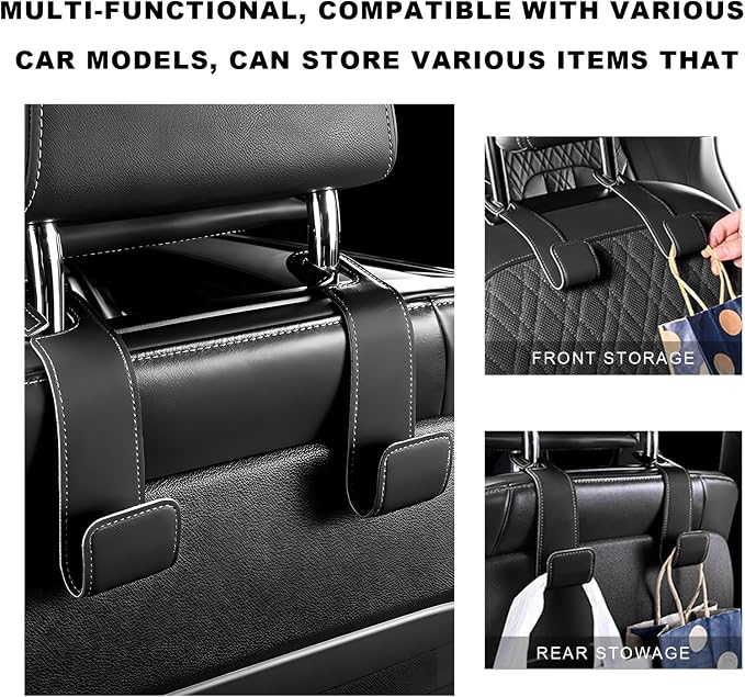2 PCS Car Seat Headrest Hook, Microfiber Leather Purse Hooks Back Seat Storage Organizer, Auto Interior Headrest Holder for Hanging Bag Coat Grocery, Car Accessories (Black)