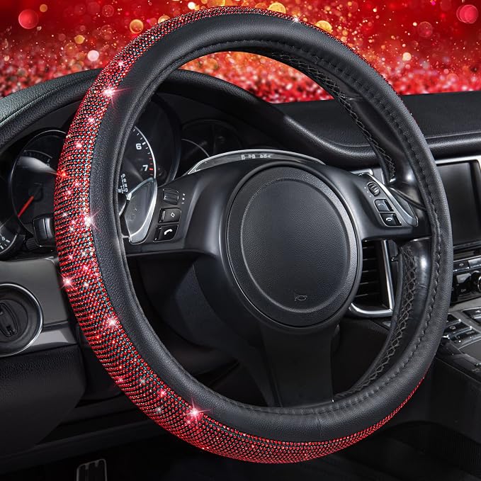 Red Diamond Black Leather Steering Wheel Cover, with Bling Crystal Rhinestones Universal Fit 14" 1/2-15" Crystal Glitter for Women Sparkle Girl Fit Suvs,Vans,Sedans,Cars,Trucks, Red Diamond