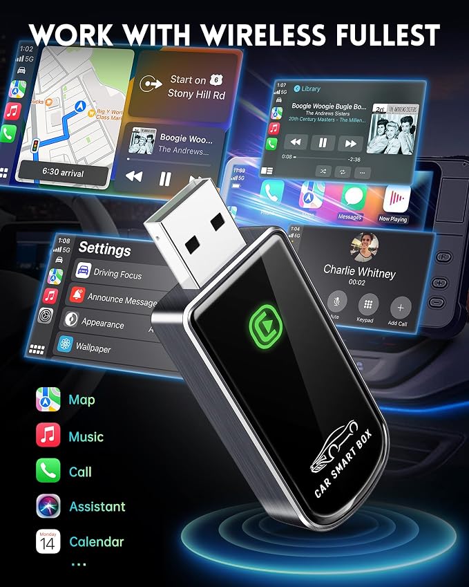 Amzfeel Wireless CarPlay Adapter for Apple iPhone iOS 10+ & Cars from 2015+, Mini Edition, Convert Factory Wired to Wireless CarPlay Dongle Plug & Play GPS Digital Media Receiver (Brushed Cobalt Blue)