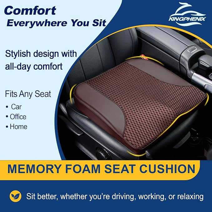 Car Seat Cushion – Memory Foam Pad for Driving Comfort – Boosts Height and Relieves Coccyx & Lower Back Pain – Car, Truck, Office Chair (Leather & 4D Mesh Brown)