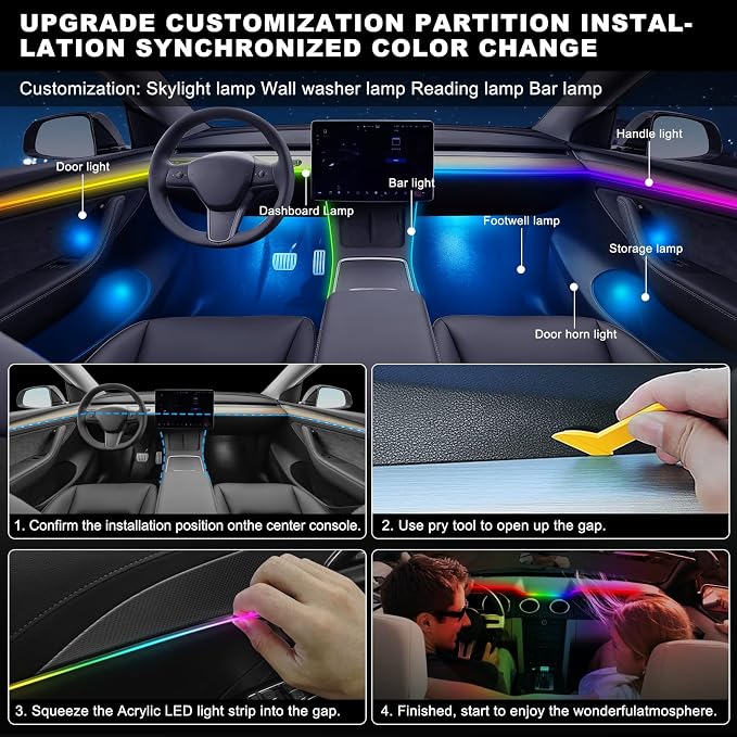 Dreamcolor Acrylic Interior Car LED Strip Light with USB/Type C, RGB 2 in 1 with 110.2 inches LED Strip, Dynamic Chasing Music Sync Neon Ambient Lighting Kits