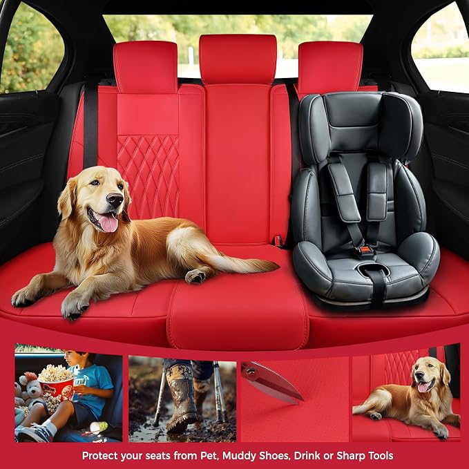 Red Car Seat Covers Full Set - Faux Nappa Leather Seat Covers for Cars, Ultra Breathable Waterproof Front Seats Protector with Lumbar Support, Universal Fit for Automotive Sedan SUVs Pickups