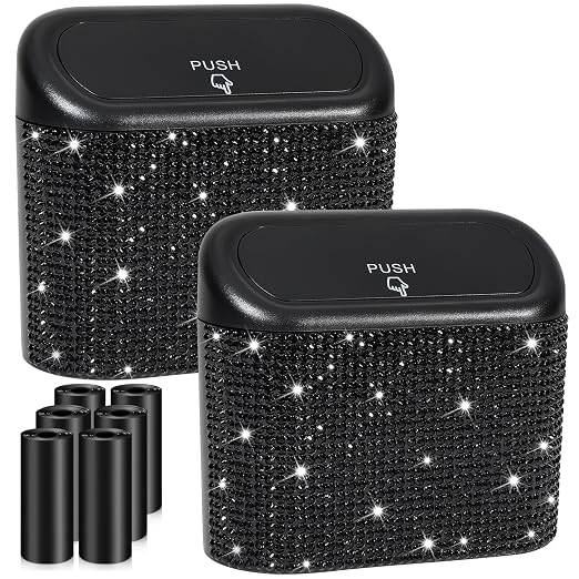 2 Pack Bling Car Trash Can with Lid, Small Garbage Can, Auto Garbage Storage Bin with 90pcs Garbage Bags, Sparkling Crystal Trash Bags Holder for Car, Home, Office Storage (Black Rhinestone)