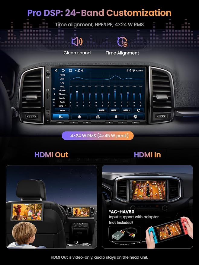 A5L 7'' Android Double DIN Car Stereo with 1080P Front Dash Cam, Wireless CarPlay & Android Auto, DSP 24-Band EQ, HDMI Out, FM/AM/SS Radio, WiFi/BT/USB Tethering, GPS Track,AI Voice Control