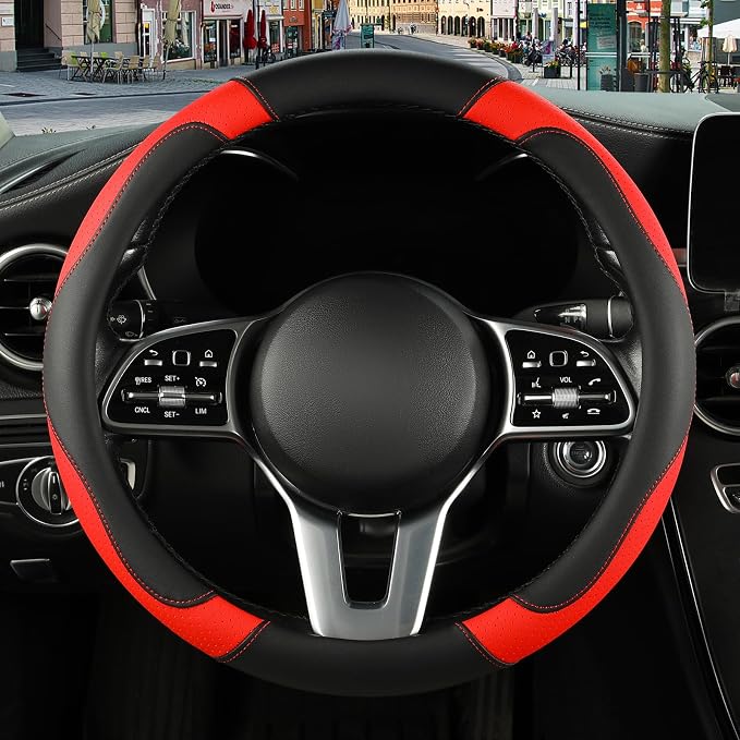 Black Red Breathable Microfiber Leather Steering Wheel Cover | Breathable Anti Slip Grip Cool Sporty Look Glow for Women Men