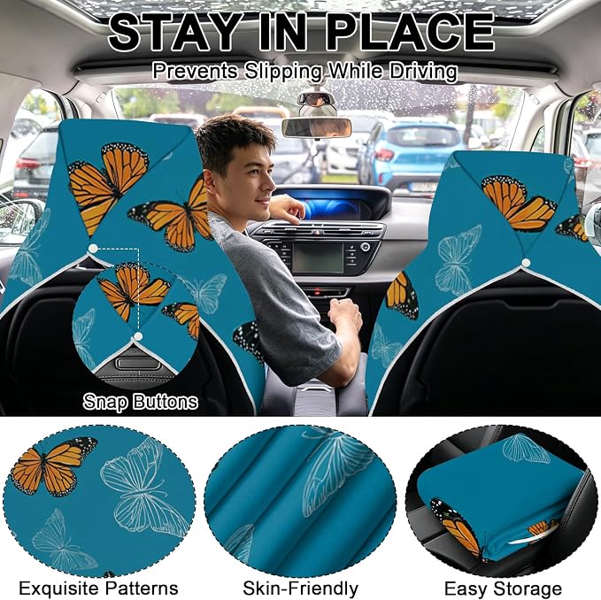 2 Pack Car Towels Seat Cover with Storage Bag, Multifunctional Microfiber Towel for Gym Outdoor Sport Running,Picnic, Beach, Pet Dog Travel,Fits Car SUV Truck (Blue Butterflies)
