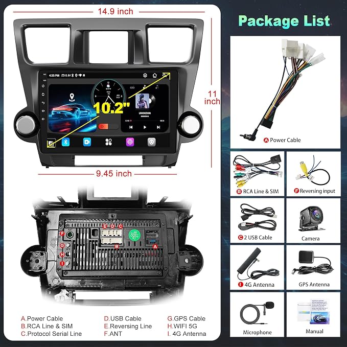 Car Radio for Toyota Highlander 2008-2013,8 Core 6GB+128GB | 10.2 Inch QLED Touch Screen, Carplay&Android Auto&Mirror Link,WiFi,GPS Navigation,Bluetooth5.0,FM&AM radio,Split Screen