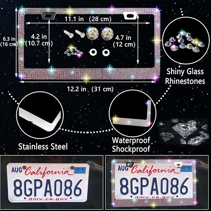 27 PCs Multicolor Bling Car Accessories Set for Women, Steering Wheel Covers Universal Fit 15 Inch, Bling License Plate Frame, Bling Phone Holder, Bling Car Coasters