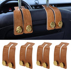 4 PCS Leather Car Seat Hooks for Headrest, Vehicle Hanger Storage Organizer Universal for Handbag Purse, Car Accessories Gift (Brown-Gold-4 PCS)