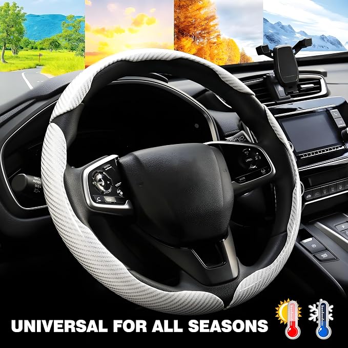 3PCS Carbon Fiber Steering Wheel Cover-Segmented Clip-On Design Anti-Slip & Scratch Resistant Universal Fit 14.5"-16" for Cars/Truck/SUV Great Gift for Men & Women