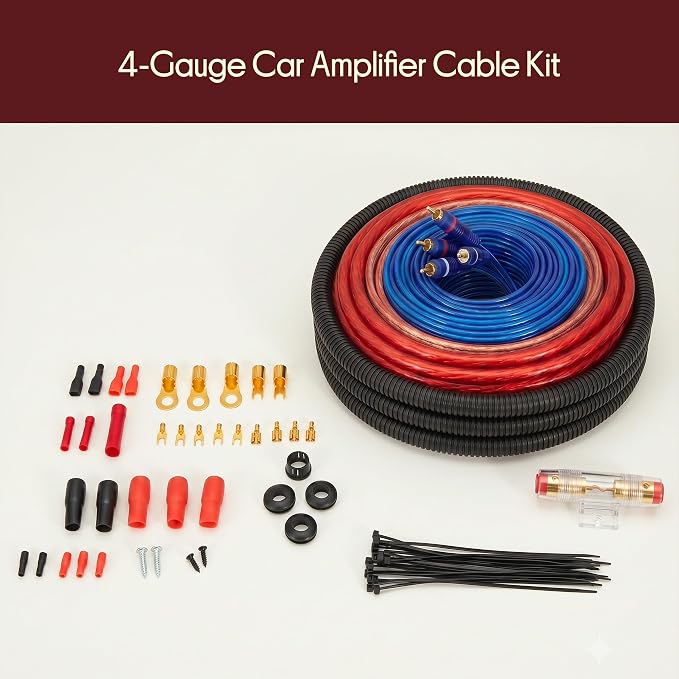 Pyle 4-Gauge Car Amplifier Wiring Kit for Car Audio | Complete amp wiring kit with power, ground, remote, speaker wire, RCA cables, and 100A fuse for car audio installation.