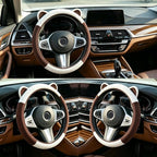 Steering Wheel Cover with Ears Keychain Fit 14-15 inch White Brown | Cute Car Steering Wheel Covers for Women Girls Elastic Breathable Steering Wheel Protector Accessories Universal Size