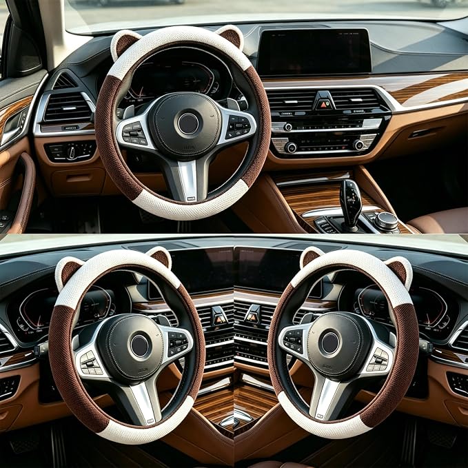 Steering Wheel Cover with Ears Keychain Fit 14-15 inch White Brown | Cute Car Steering Wheel Covers for Women Girls Elastic Breathable Steering Wheel Protector Accessories Universal Size