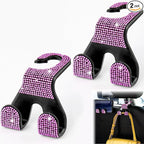 Bling Car Purse Hooks 2Pcs, Durable Car Headrest Hook, Holds 44Lbs, Double-Hooks, Wide-Opening, Rhinestone Automobile Purse Hangers Holder, Bling Car Accessories for Women, Pink