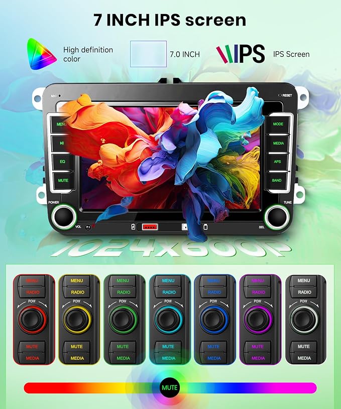 Double Din Car Stereo Wireless Carplay Android Auto for VW Passat Golf MK5 MK6 Jetta T5 EOS Seat Sharan, 7'' Car Radio IPS Screen GPS Bluetooth FM/AM/RDS EQ SWC Backup Camera Dual USB Ports