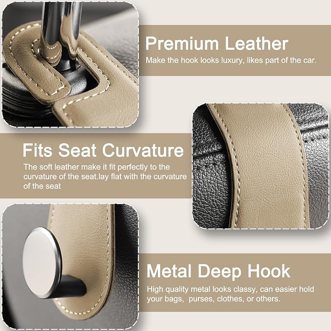 Car Headrest Hooks, 2 Pack Leather Car Seat Storage Hanger for Purses Bags, Stylish Car Seat Organizer Hooks for Handbag Coat Umbrellas, Car Inside Accessories, Apricot