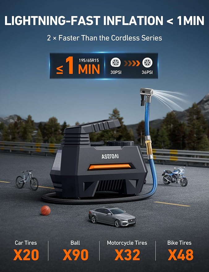 AIRUN H Tire Inflator Portable Air Compressor,Fast Inflation Electric Air Pump for Car Tires-Car Accessories,9.8Ft Cord-12VDC-Powered Auto Shut-Off with Digital Pressure Gauge,LED Light,Orange