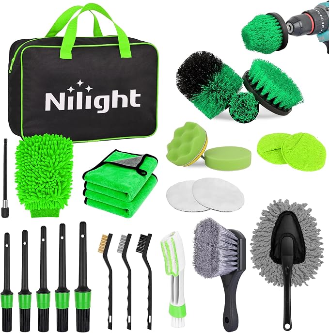 27PCS Car Detailing Kit Auto Cleaning Tools Wash Set with Storage Carry Bag Home Use for Interior Exterior Deep Clean Polish Car Care Windshield Dashboard Seat Air Vents Wheels Tires, Green