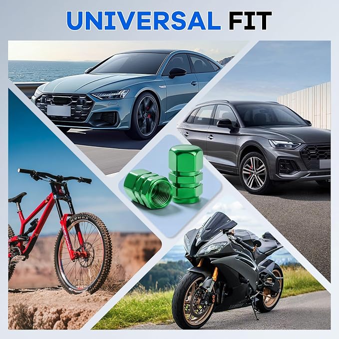 Car Tire Valve Stem Caps, 12pcs Air Caps Cover, Universal for Cars, SUVs, Bike, Trucks and Motorcycles-Green
