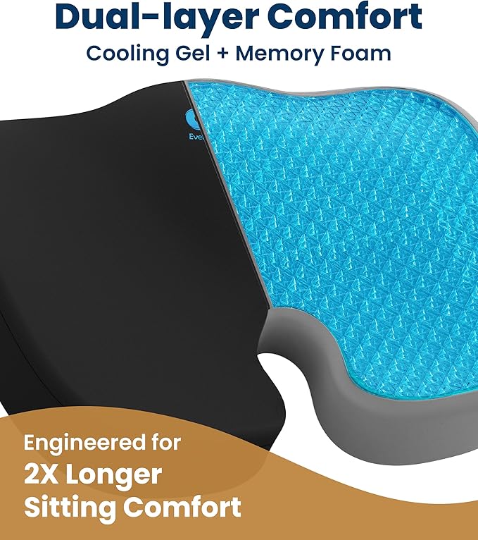 Doctor Recommended Memory Foam Seat Cushion for Office Chairs & Car - Ergonomic Office Desk Accessories - Cushions for Tailbone Pain Relief, Sciatica (Black Cool, Large)