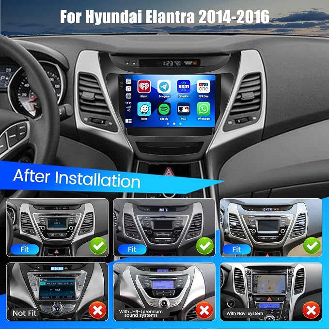 4+64G Android 15 Car Stereo for Hyundai Elantra 2014-2016, 9” Touchscreen Radio with CarPlay, Android Auto, Bluetooth, GPS Navigation, WiFi, DSP, FM, RDS + AHD Backup Camera