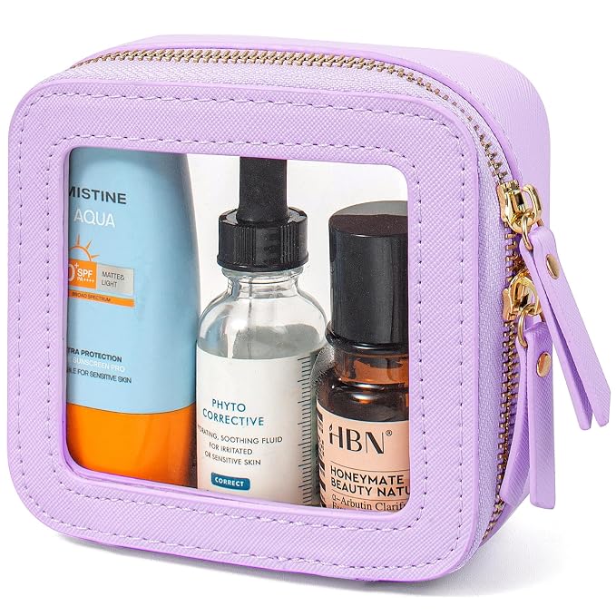 Clear Makeup Bags, TSA Approved Toiletry Bag with Zipper, Mini Clear Makeup Organizer Fit Carry-on Travel Essentials,Clear Cosmetic Bags for Women Men (0-Mini-Purple)