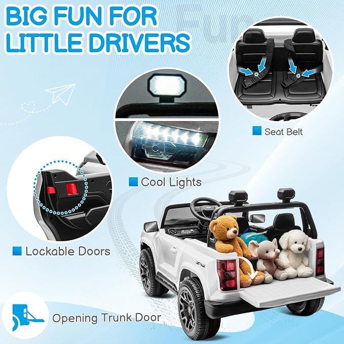 24V Licensed Chevrolet Colorado Electric Car for Kids, Ride on Toys for Toddlers with Remote Control, 2 Seater Electric Car Ride On Vehicle w/Bluetooth, Soft Start, LED Lights - White