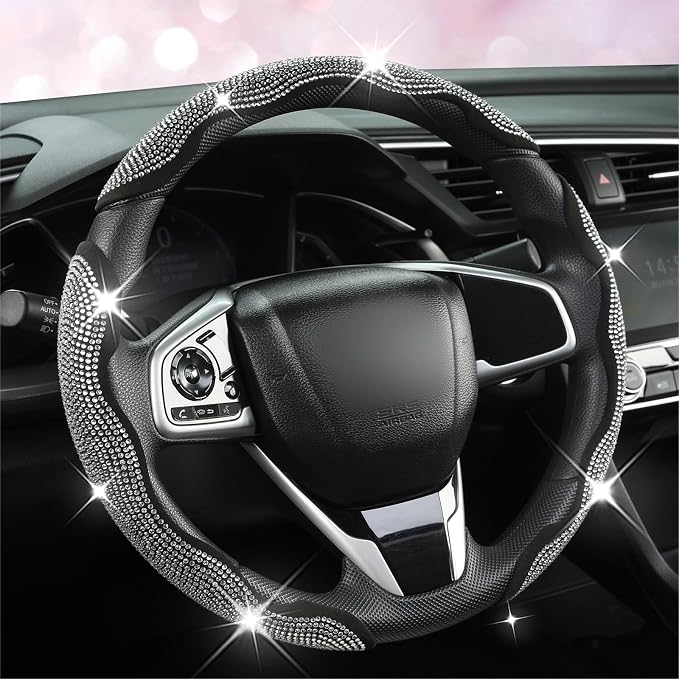 Diamond Bling Car Steering Wheel Cover with Crystal Rhinestones,3PCS Segmented Steering Wheel Protector,Universal for 99% Cars for Women(Black with White Diamond)